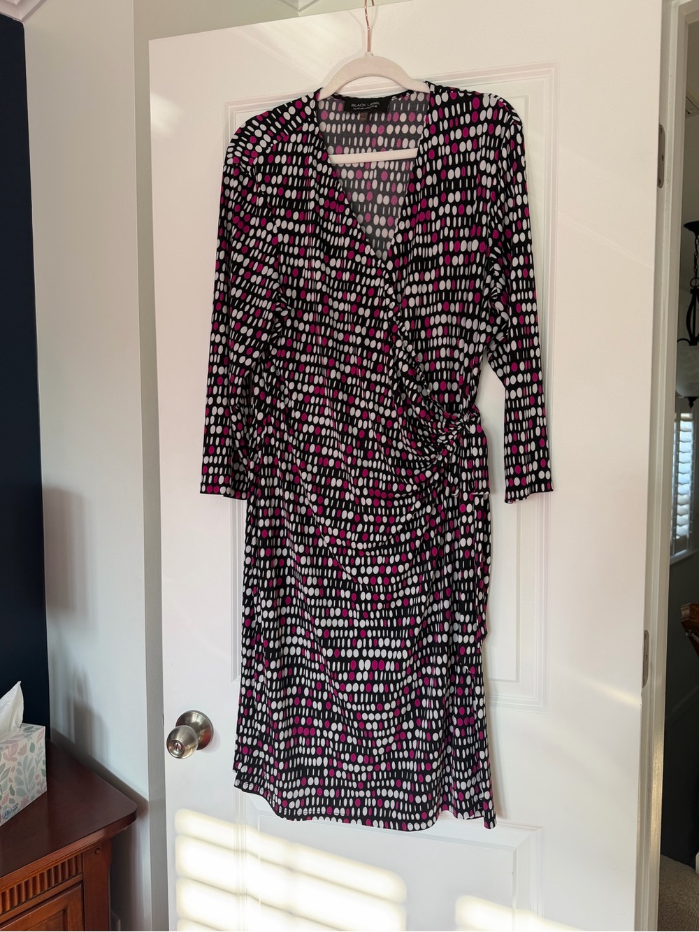 Long-Sleeve Black Wrap Dress with Pink and White Dot Print